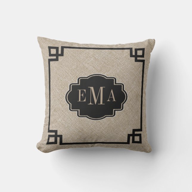 Beige Linen Texture Black Geometric Frame Outdoor Cushion (Front)