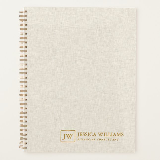 Beige Linen Texture Personalised Gold Typography Planner (Front)