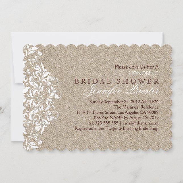 Beige Linen White Lace Bridal Shower Invite (Front)