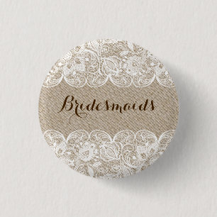 Beige Linen & White Lace Bridesmaids Button