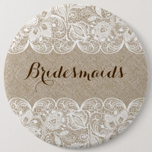 Beige Linen & White Lace Bridesmaids Button