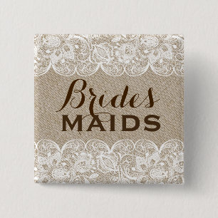 Beige Linen & White Lace Bridesmaids Button 2