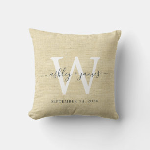 Beige Linen White Monogram Wedding Keepsake Cushion