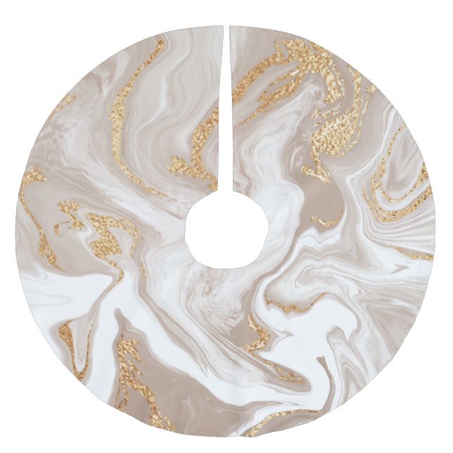 Beige liquid marble, gold line art. brushed polyester tree skirt (Front)