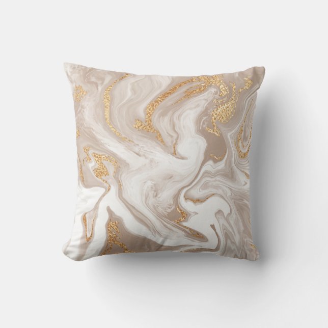 Beige liquid marble, gold line art. cushion (Front)