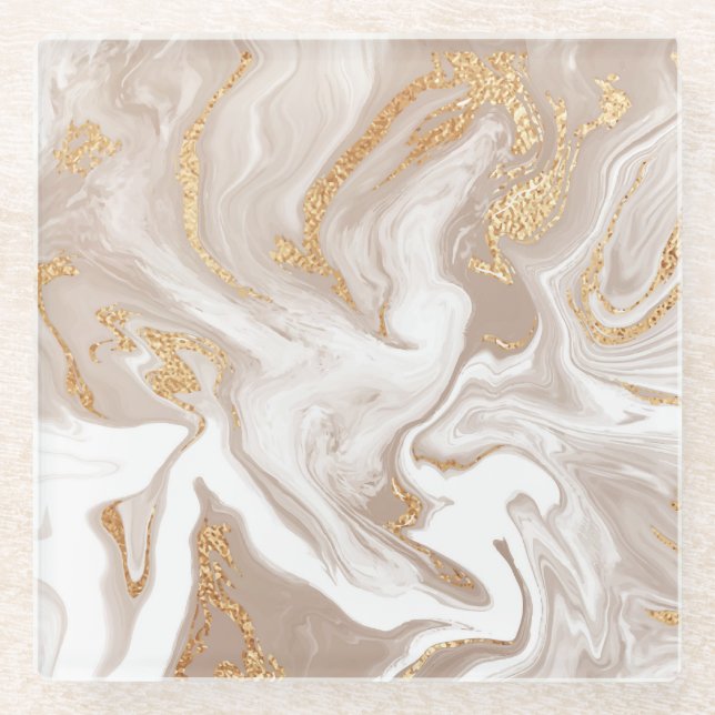 Beige liquid marble, gold line art. glass coaster (Front)