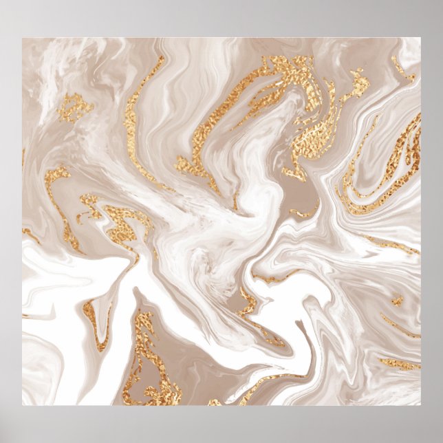 Beige liquid marble, gold line art. poster (Front)
