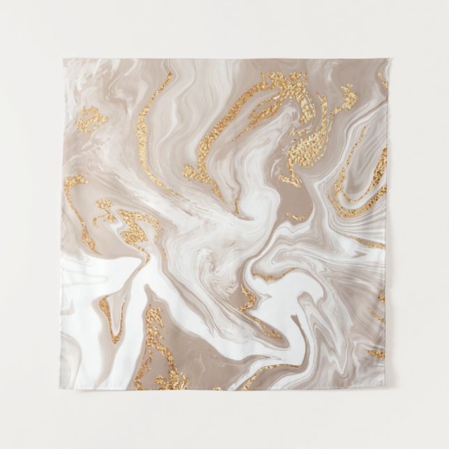 Beige liquid marble, gold line art. tapestry (Front)