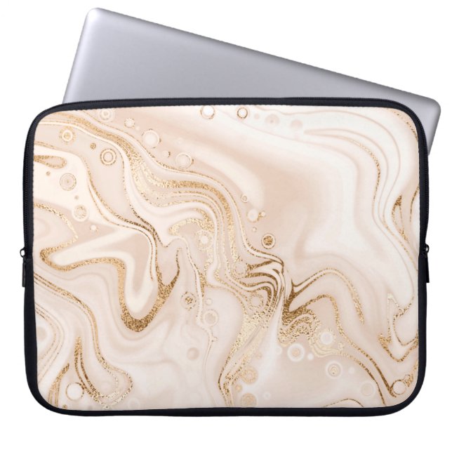 Beige liquid marble with gold glitter splash laptop sleeve (Front)