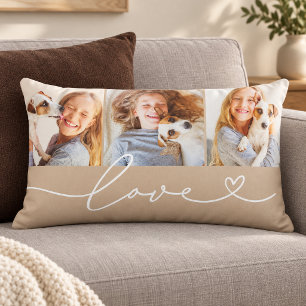 Beige Love Heart Script 3 Photo Lumbar Cushion