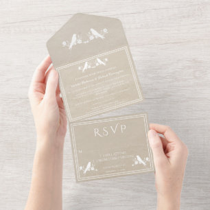 Beige Lovebird Floral All in One Wedding Invite