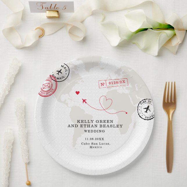 Beige Map Destination Wedding  Paper Plate (Wedding)