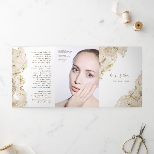 Beige marbling design trifold brochure (Outside)
