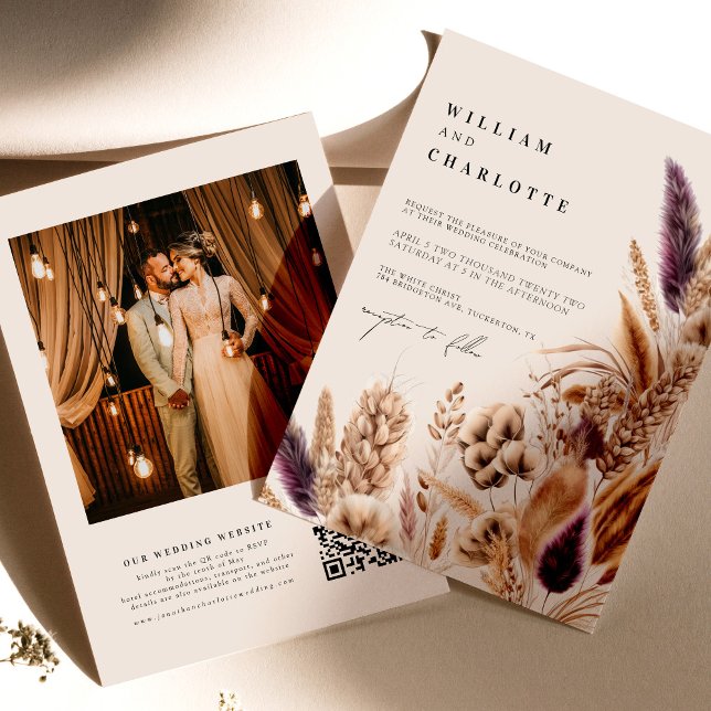 Beige & Mauve Tropical Flowers Bohemiam Wedding Invitation (Creator Uploaded)