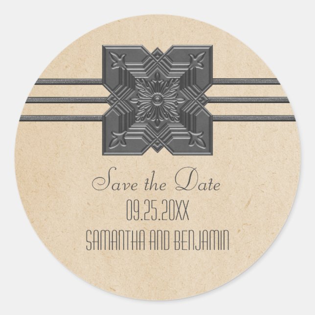 Beige Medallion Border Save the Date Stickers (Front)