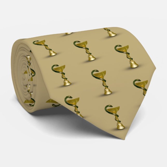 Beige Medical Bowl Hygieia Snake Gold Caduceus Tie (Rolled)