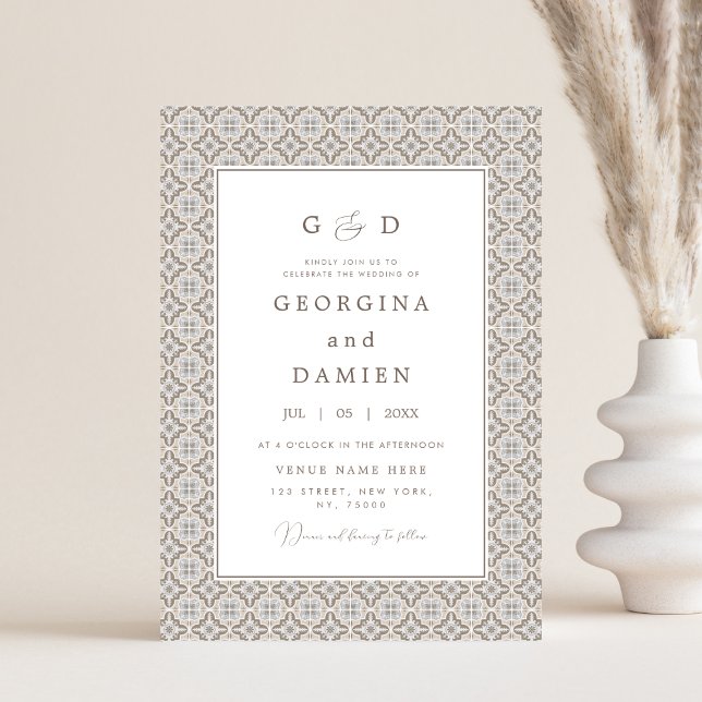 Beige Mediterranean Tile & Photo Elegant Wedding Invitation (Creator Uploaded)