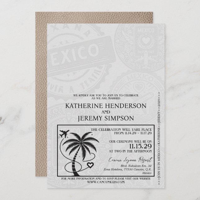 Beige Mexico Passport Wedding Invitation (Front/Back)