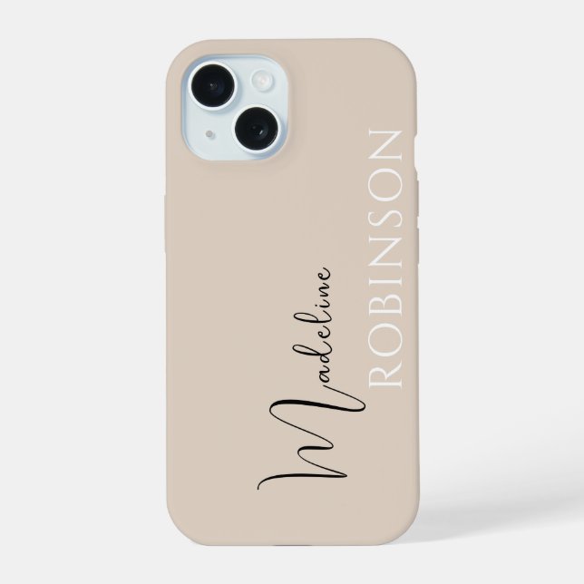 Beige Minimal Modern Initial Name Script iPhone 15 Case (Back)