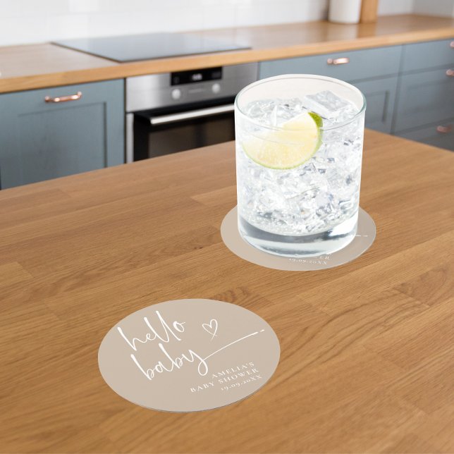 Beige Minimalist Hello Baby Modern Baby Shower Round Paper Coaster (Creator Uploaded)