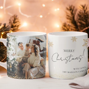 Beige Minimalist Merry Christmas Family Photo Coffee Mug