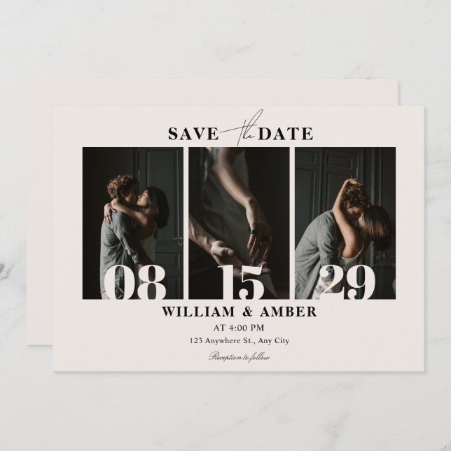 Beige minimalist photo collage wedding save the date (Front/Back)