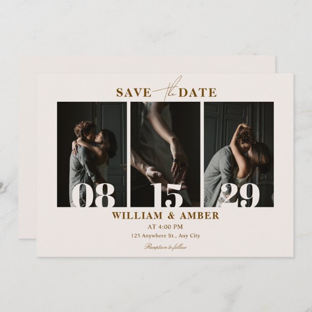 Beige minimalist photo collage wedding save the date (Front/Back)