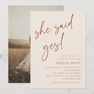 Beige Minimalist She Said Yes Bridal Shower Photo Invitation