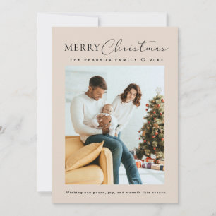 Beige Minimalistic Merry Christmas family photo Holiday Card