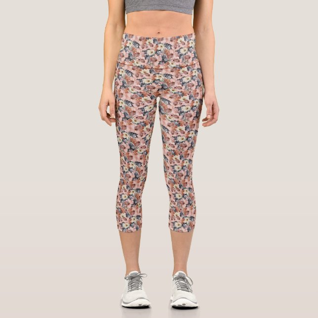 Beige Mix Flowers Pattern Capri Leggins (Front)
