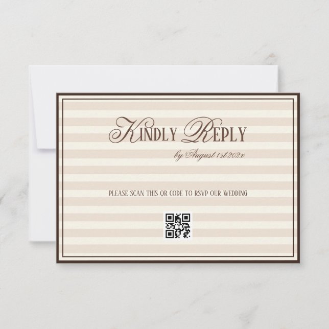 Beige Mocca Striped Old Money Wedding QR code RSVP Card (Front)