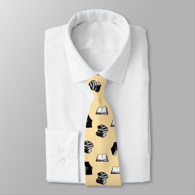 Beige Modern Bookish Bibliophile Book Pattern Tie (Tied)