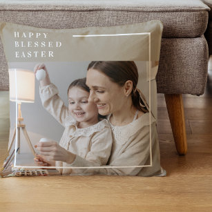 Beige Modern Family Photo   Happy Blessed Easter Cushion