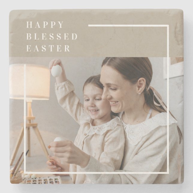 Beige Modern Family Photo | Happy Blessed Easter Stone Coaster (Front)