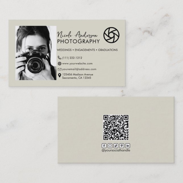 Beige Modern Minimal Front Logo Photography Photo Business Card (Front/Back)