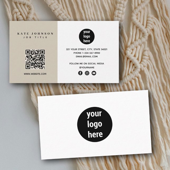 Beige Modern Minimalist Business Logo QR Code  Business Card (Beige Modern Minimalist Business Logo QR Code Business Card)