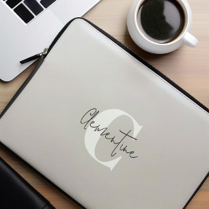 Beige Modern Minimalist Monogrammed Laptop Sleeve