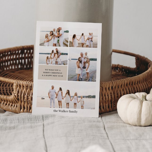 Beige Modern Neutral 5 Photo Elegant Holiday Card (Creator Uploaded)