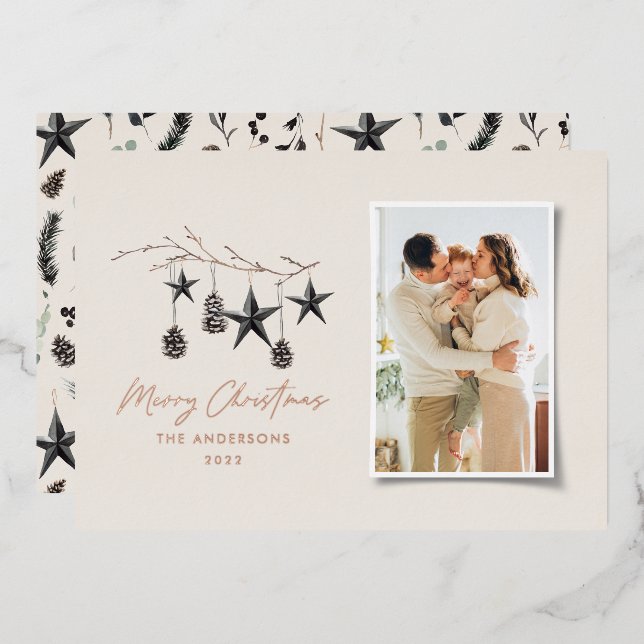 beige modern scandi elegant script Christmas photo (Front/Back)