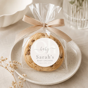 Beige Modern Simple Gender Neutral Oh Baby Shower Classic Round Sticker