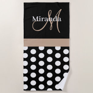 Beige Monogram Black White Polka Dot Beach Towel