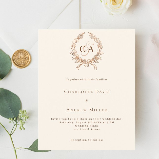 Beige monogram budget wedding invitation (Creator Uploaded)