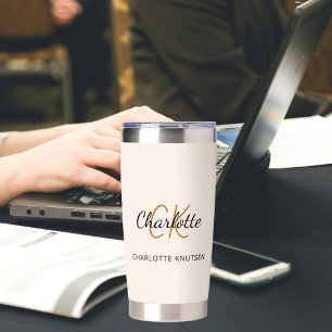 Beige monogram initials name simple insulated tumbler