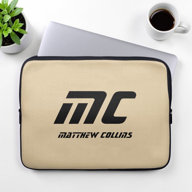 Beige Monogram Minimalist Name Black Text for Him Laptop Sleeve (Beige Monogram Minimalist Name Black Text for Him Laptop Sleeve)
