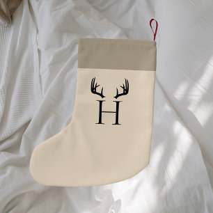 Beige monogram modern antlers small christmas stocking