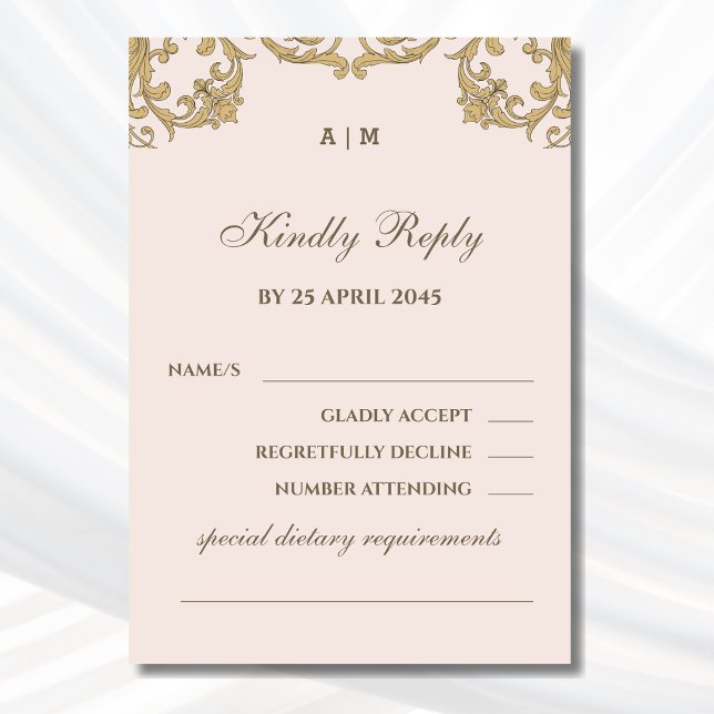 Beige Monogram Ornate Victorian Wedding RSVP Card  (Creator Uploaded)