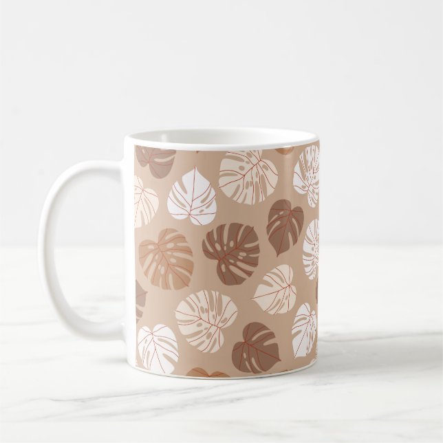 Beige monstera leaves seamless pattern. Trendy han Coffee Mug (Left)