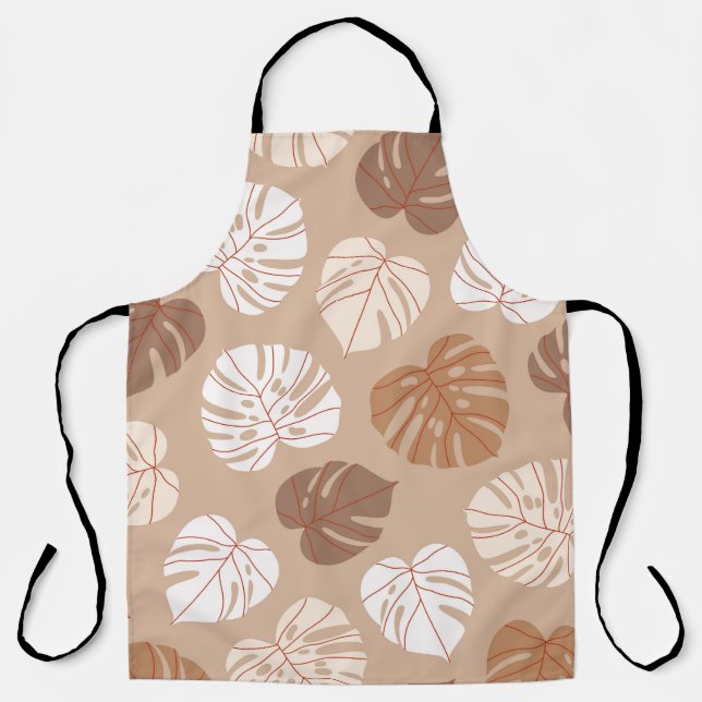 Beige Monstera Leaves: Trendy Hand-Drawn Pattern Apron (Front)