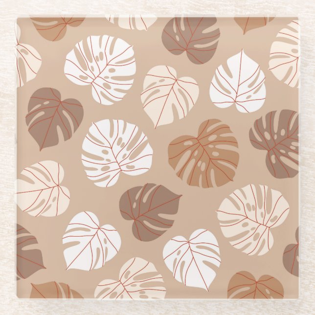 Beige Monstera Leaves: Trendy Hand-Drawn Pattern Glass Coaster (Front)
