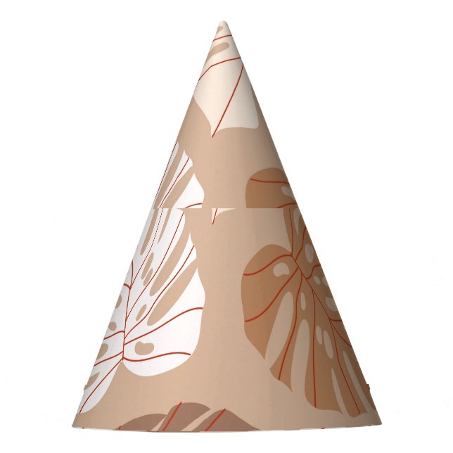 Beige Monstera Leaves: Trendy Hand-Drawn Pattern Party Hat (Front)
